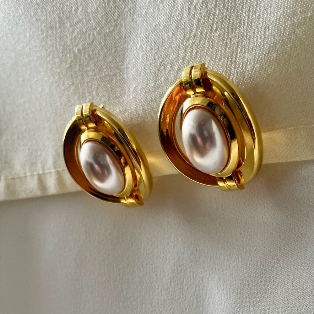 Gold Pearl Clip On Earrings - Picture 13 of 16